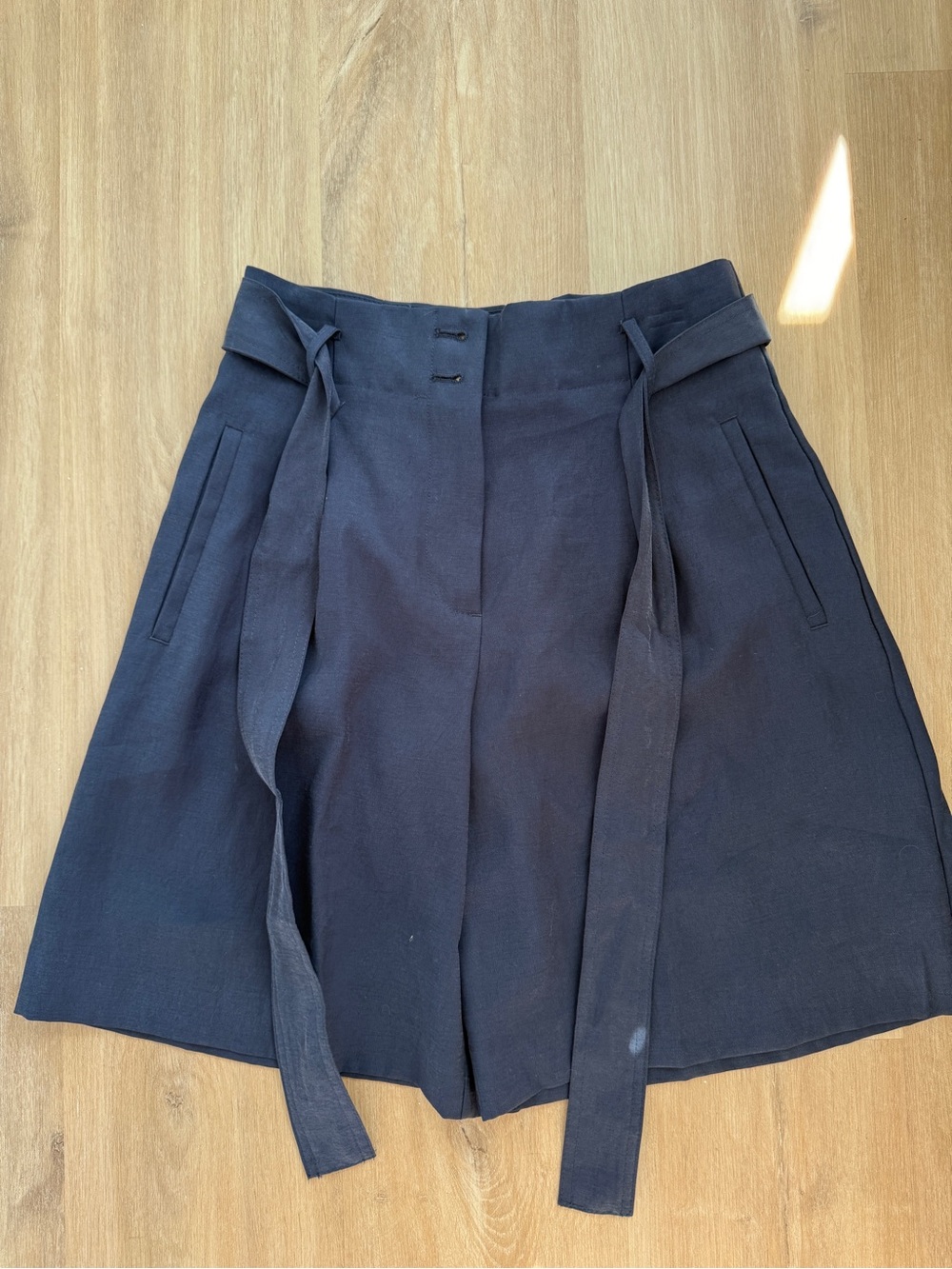 Zara Navy High-Waist Tie-Belt Bermuda Shorts